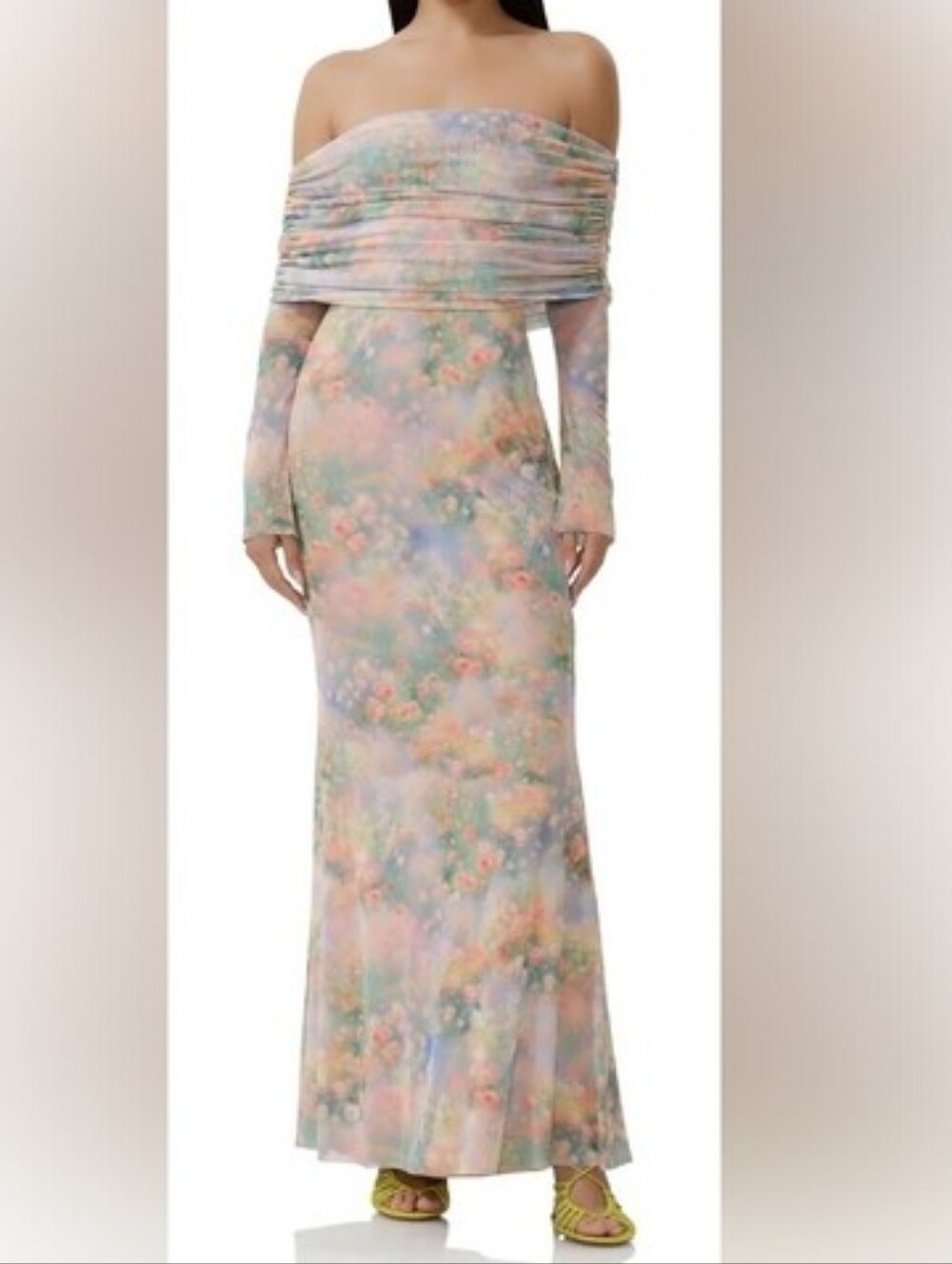 AFRM Pastel Floral Long-Sleeve Maxi Dress Draped off-the-Shoulder NWT XS